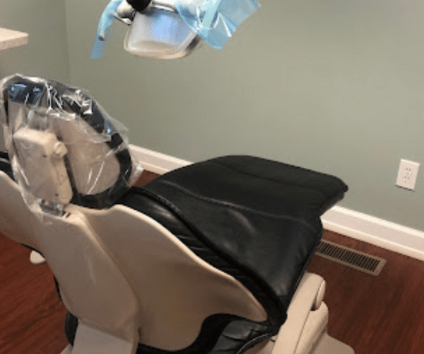 A comfortable dental chair in the Sheridan Dental office.
